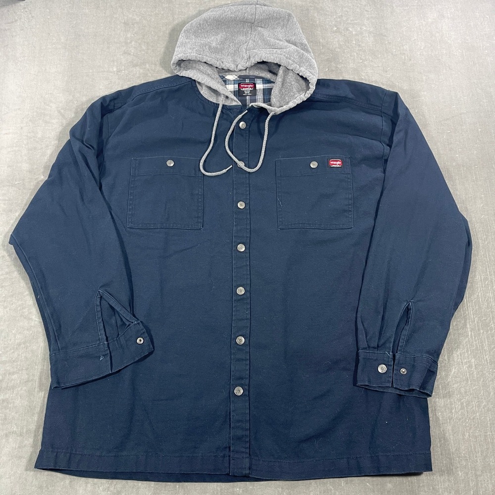 Wrangler Mens XXL Button Up Blue Gray Plaid‎ Workwear Hooded Shirt Jacket